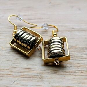 Square-framed Brass Earrings with Layered Metal Reishi Beads